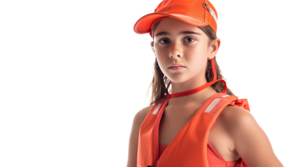 Teenage girl stands firmly in a professional lifeguards outfit on transparent background, detailed photo, png