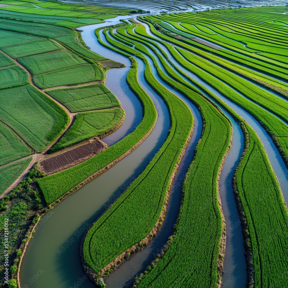 Poster abstract waves of water blending with lines of crops