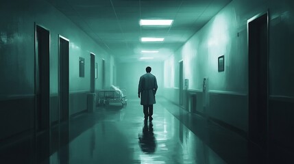 Doctor walking down dimly lit hospital corridor, patient on gurney in background; medical concept