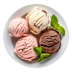 top view of plate with ice cream on transparent background, detailed photo, png 