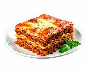 Delicious cheese lasagna with cherry tomatoes and basil on white plate