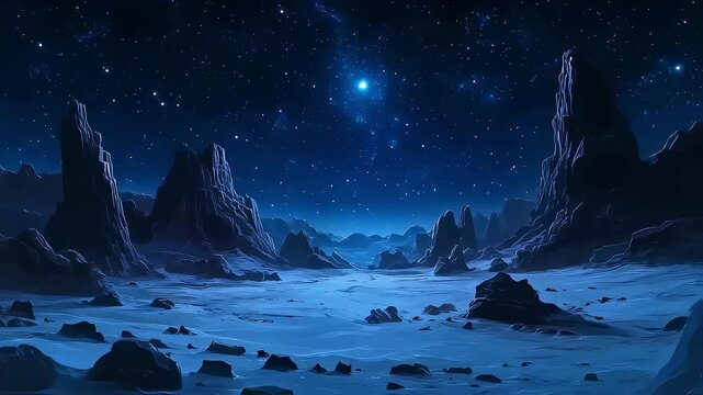Serene blue alien landscape illuminated by starlight.