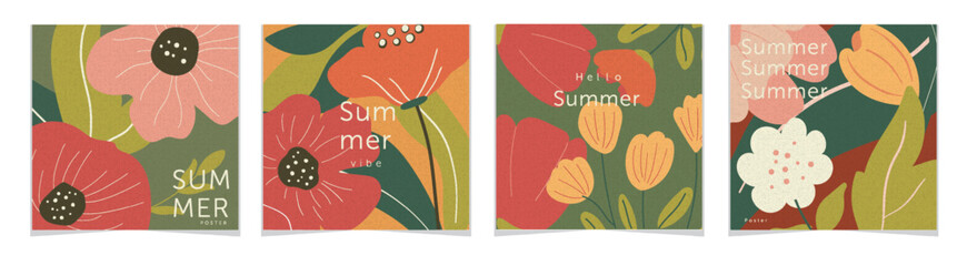 Set of four floral summer flyer templates with modern botanical illustrations. Perfect for seasonal promotions, invitations, and advertising prints