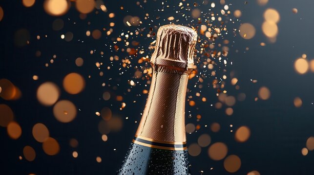 Champagne bottle popping with a shower of bubbles and gold glitter, creating an elegant and festive celebration atmosphere