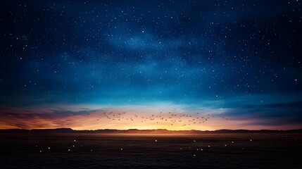Night sky scene with stars horizon silhouettes and colorful sunset colors