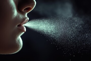 A person exhaling a fine mist