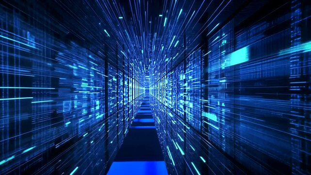 Futuristic digital tunnel showcasing vibrant blue data streams and binary code