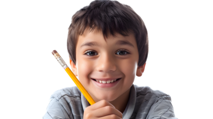 Visualization of a satisfied chuckling counsellor boy with a pencil isolated on transparent background, detailed photo, png 
