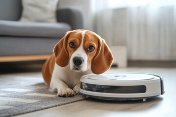 Beagle and Robot Vacuum: An adorable beagle dog curiously observes a robot vacuum cleaner in a cozy living room setting, showcasing modern technology in the home.