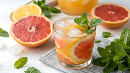 zesty citrus mix of orange, grapefruit, and lemon juice, served with ice cubes and fresh mint leaves for a cooling effect.