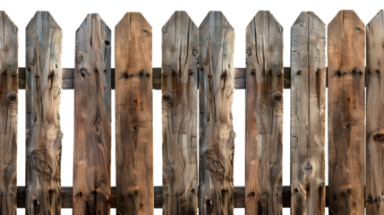 Wooden fence in rustic style on transparent background, detailed photo, png 