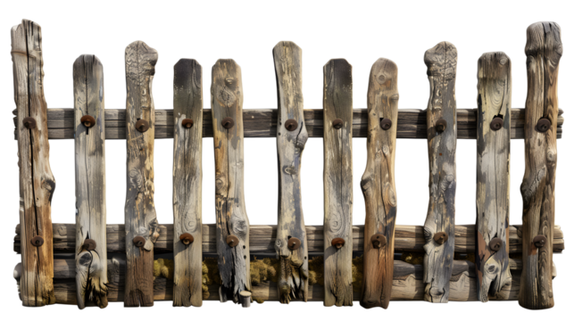 Wooden fence in rustic style on transparent background, detailed photo, png 
