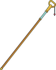 Decorative Wooden Cane with Hooked Handle, Illustration of a decorative wooden cane featuring a hooked handle with colorful bands, designed for support and mobility.
