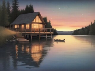Obraz premium Serene Lakeside Cabin at Dusk
