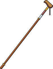 Decorative Wooden Cane with Hooked Handle, Illustration of a decorative wooden cane featuring a hooked handle with colorful bands, designed for support and mobility.
