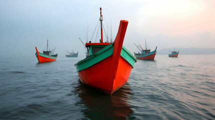 Fototapeta premium Red And Green Fishing Boats At Sea During Sunrise