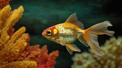 Fototapeta premium Ornate Goldfish Swimming Gracefully in Aquarium, Bright Color and Delicate Fins, Marine Life