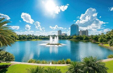Naklejka premium City park lake with fountain