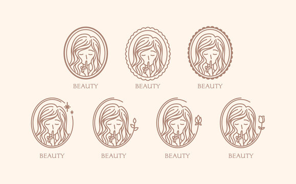 Set of secretive beauty logo with finger on the lips lady woman in simple beautiful vintage line outline brown beige earth tone soft serene feminine for spa make up creator salon wellness skin care