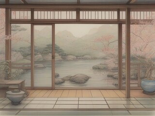 Tranquil Japanese Garden View with Cherry Blossoms and Serene Water