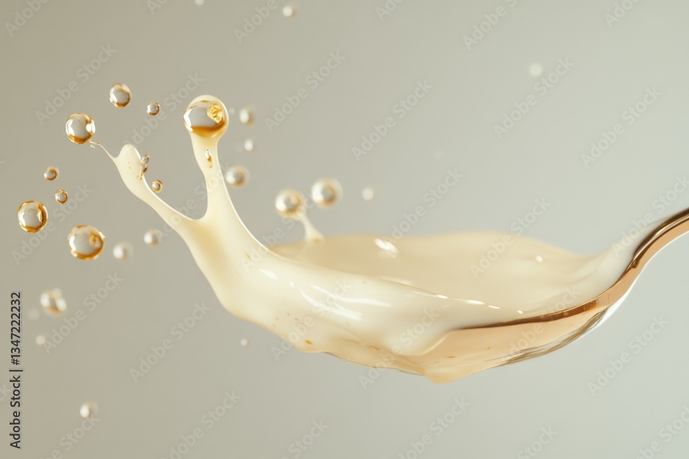 Poster creamy liquid splashing from a golden spoon, creating a dynamic and elegant scene.
