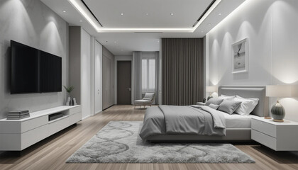 Fototapeta premium Serene bedroom sanctuary a calming space for rest and rejuvenation illuminated with bright even soft lighting.