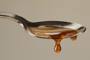 Golden honey drips from a silver spoon, showcasing its viscous texture and rich color.