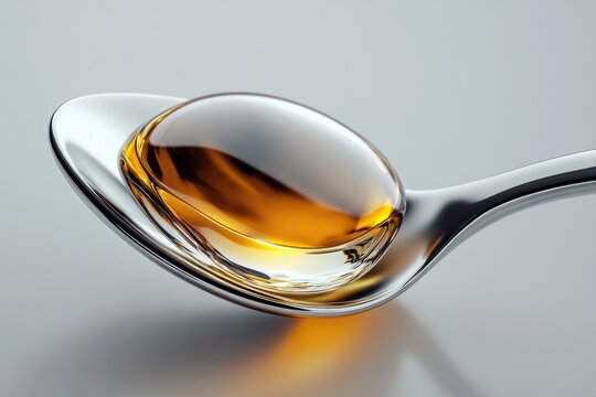 A single drop of amber liquid rests gently on a polished silver spoon. - Powered by Adobe