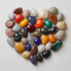 Colorful polished stones arranged in heart shape display