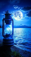 Lantern lit by moon over water, night, for background