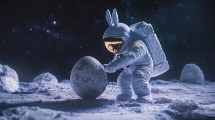 A whimsical scene of a bunny in an astronaut suit discovering a large egg on the moon's surface under a starry sky.