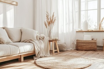 Cozy Living Room: A sun-drenched living space with a modern, minimalist aesthetic features a natural wooden sofa, woven rug, and elegant window treatments, creating a warm, inviting ambiance.
