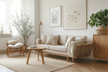 Cozy Living Room: A beautifully decorated living room, showcasing a neutral color palette with natural textures, creating a serene and inviting atmosphere. 