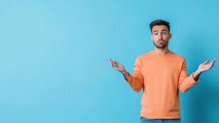 Uncertainty on Display: A person expresses confusion and doubt. set against a bright blue backdrop.