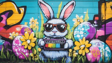 A colorful graffiti mural featuring a cool rabbit wearing sunglasses, holding a boombox surrounded by vibrant Easter eggs and flowers.