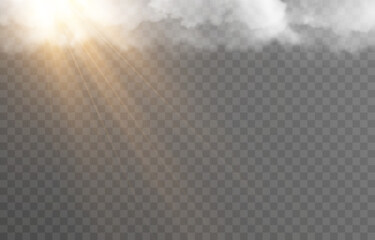 Vector realistic cloud with sun on isolated transparent background. Sun rays break through cloud png.