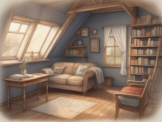 Cozy Attic Living Room with Bookshelves and Natural Light