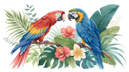 Naklejka premium Watercolor Tropical Birds – Scarlet Macaw & Blue-and-Gold Macaw with Exotic Flowers & Lush Foliage with Clipping Path