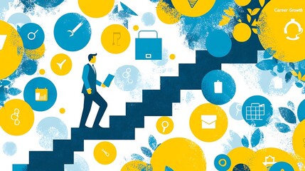 A businessman climbs a career ladder surrounded by various icons