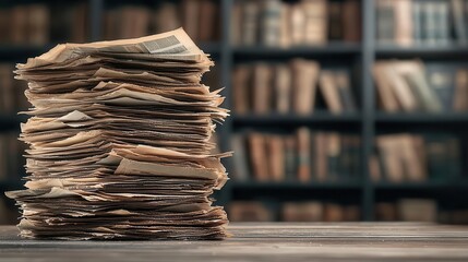 A dusty stack of newspapers in an old library, representing the obsolescence of print in the digital age