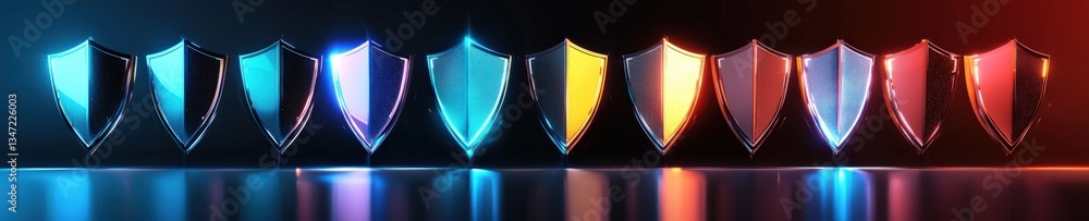 Poster an abstract visual of digital risks countered by glowing shields