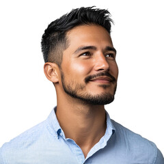 Obraz premium Handsome Latino man with a friendly smile, looking to the left sideways, isolated on a white transparent background.