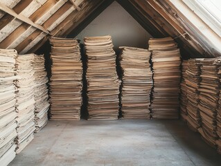 A dusty attic filled with stacks of old newspapers, symbolizing obsolete stories and the fading of history
