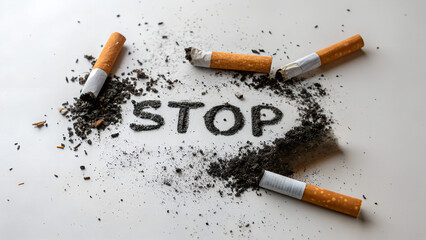 A powerful anti-smoking image featuring cigarette butts scattered around the word "STOP," which is written in ashes. The burnt remains of cigarettes form a dark contrast against a plain, neutral backg