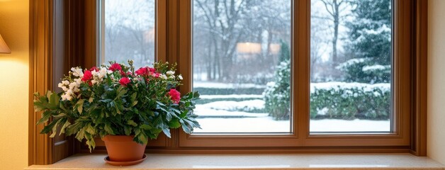 Bright flowers in a pot placed on a window sill overlooking a snowy landscape and trees in winter, showcasing a cozy indoor view