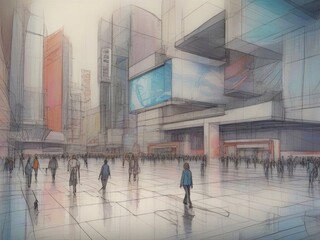 Obraz premium Futuristic Urban Landscape with Crowds in a Modern Plaza