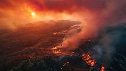 Bird's-Eye View of a Wildfire Raging Through a Hillside: Thick Smoke and Fiery Blaze Amid Dry Vegetation