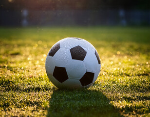 Fototapeta premium A football coated with raindrops placed on wet grass, reflecting bright floodlights during an evening match
