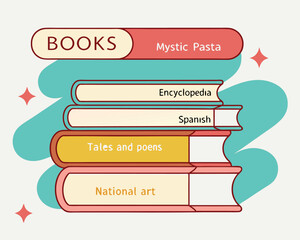 A colorful stack of books featuring titles like "Encyclopedia," "Spanish," "Tales and poems," and "National art," perfect for illustrating diverse knowledge and reading interests.
