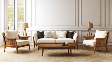 Fototapeta premium Modern Minimalist Mid-Century Living Room Interior Design